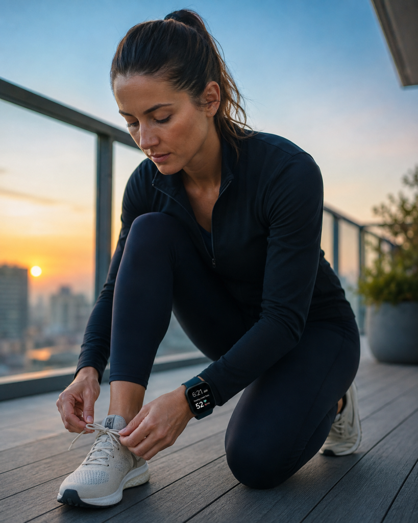 Persiapan olahraga pagi hari dengan pemantauan smartwatch untuk efisiensi metabolisme.