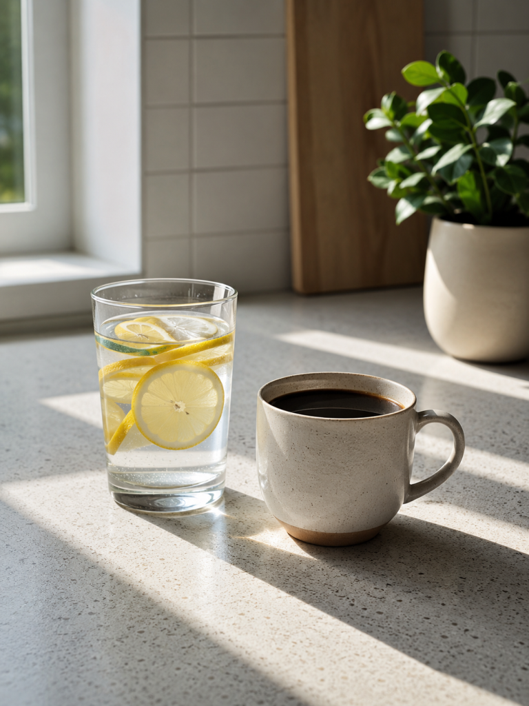 Segelas air mineral dan kopi hitam tanpa gula sebelum sesi latihan pagi untuk mendukung lipolisis.