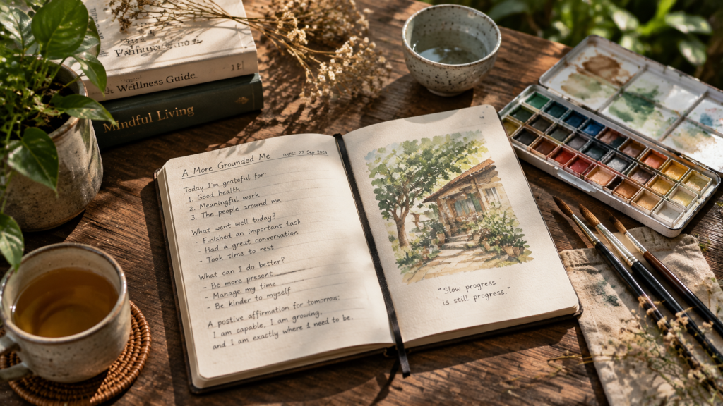 Penataan media ekspresi kreatif seperti buku jurnal terpandu, kuas cat air, dan perlengkapan relaksasi di atas meja kayu.