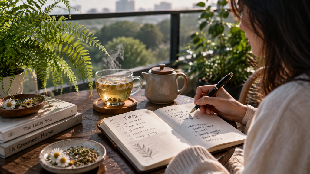 Rutinitas mindful journaling harian dengan secangkir teh herbal di sudut teras rumah yang tenang.