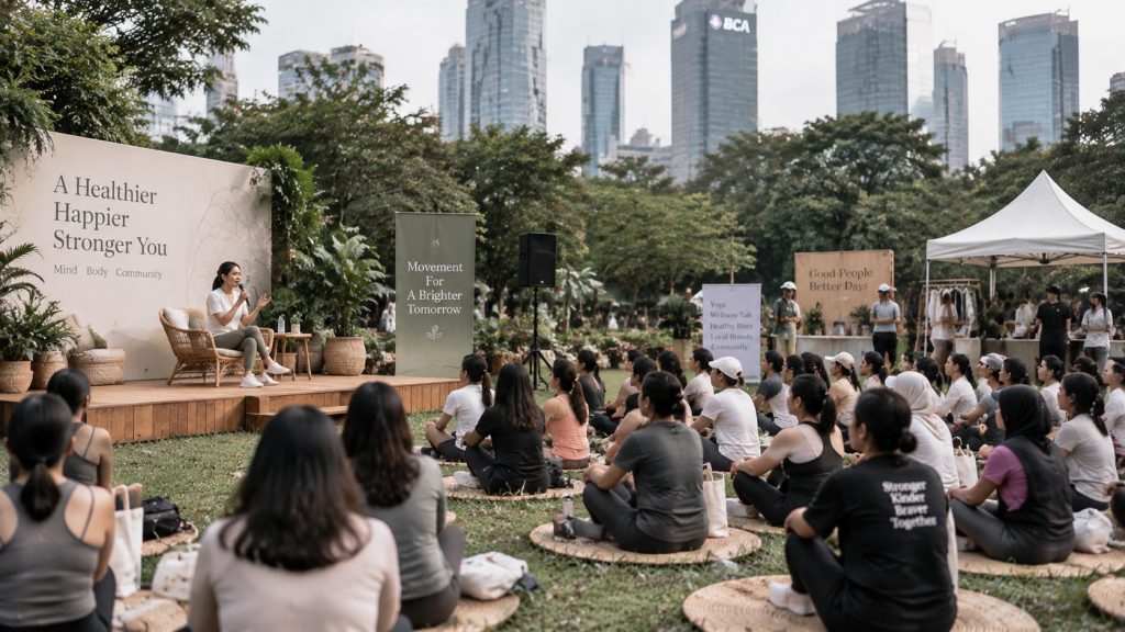 Peserta festival wellness perempuan berkumpul dalam sesi meditasi dan diskusi kesehatan mental di ruang terbuka hijau.