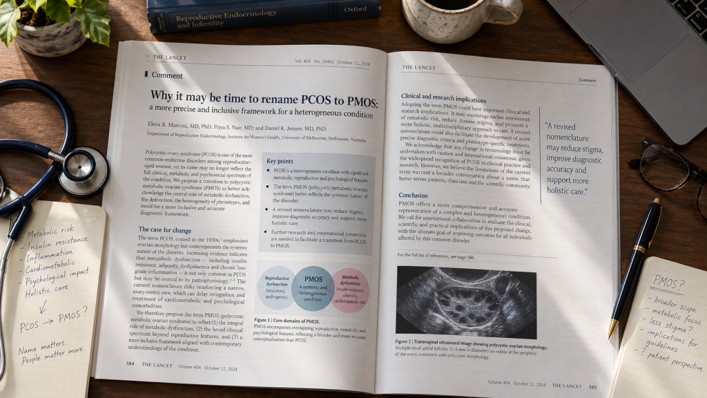 Jurnal medis cetak yang menampilkan artikel tentang perubahan nama PCOS menjadi PMOS di atas meja kerja tenaga kesehatan.