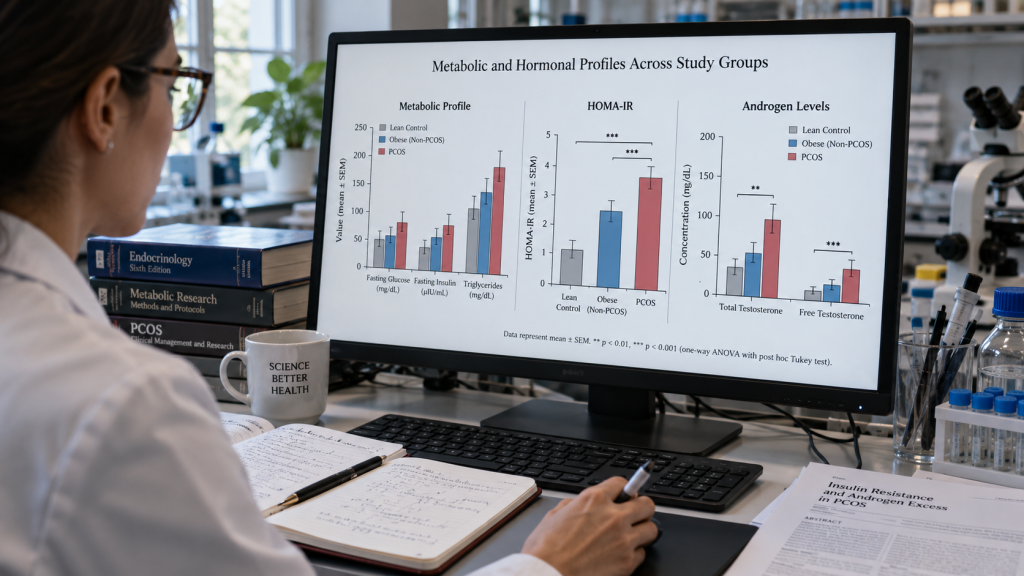 Peneliti medis menganalisis grafik data uji klinis profil metabolik pada layar monitor ganda di laboratorium.