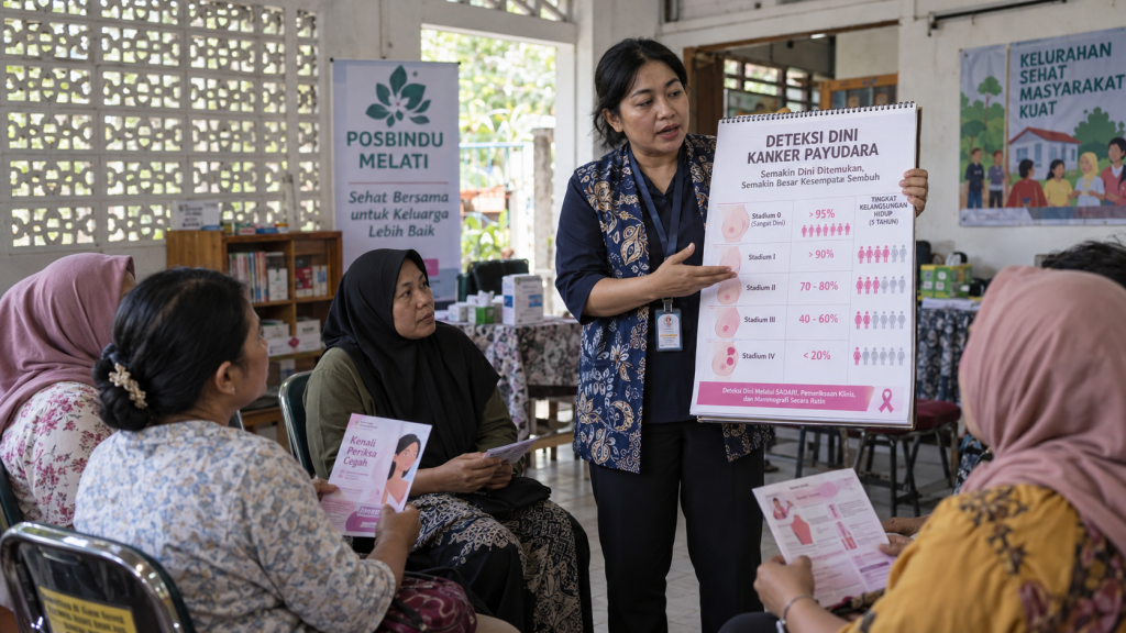 Kader kesehatan memberikan penyuluhan deteksi dini kanker payudara kepada komunitas perempuan di balai warga.