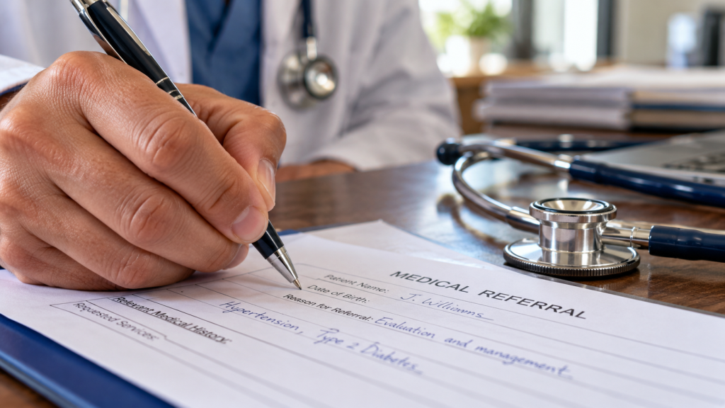Dokter menulis resep atau surat rujukan laboratorium di atas meja kerja untuk memastikan kondisi pasien aman sebelum memulai diet.