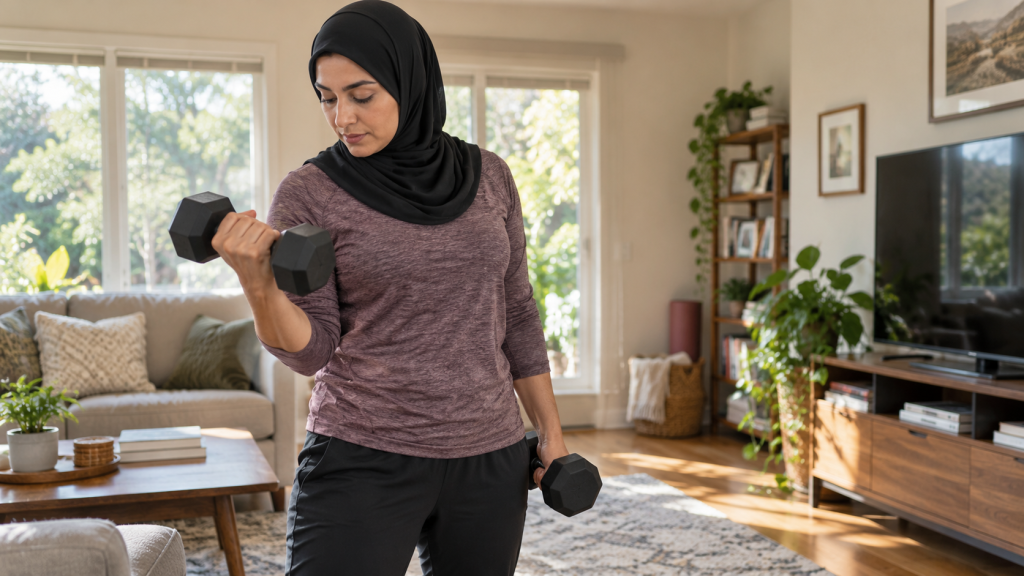 Seorang perempuan melakukan rutinitas latihan beban ringan menggunakan dumbbell di ruang tamu untuk menjaga massa otot dan sensitivitas insulin.