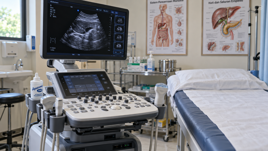 Perangkat ultrasonografi (USG) medis di ruang pemeriksaan klinis puskesmas disiapkan untuk skrining payudara lanjutan.