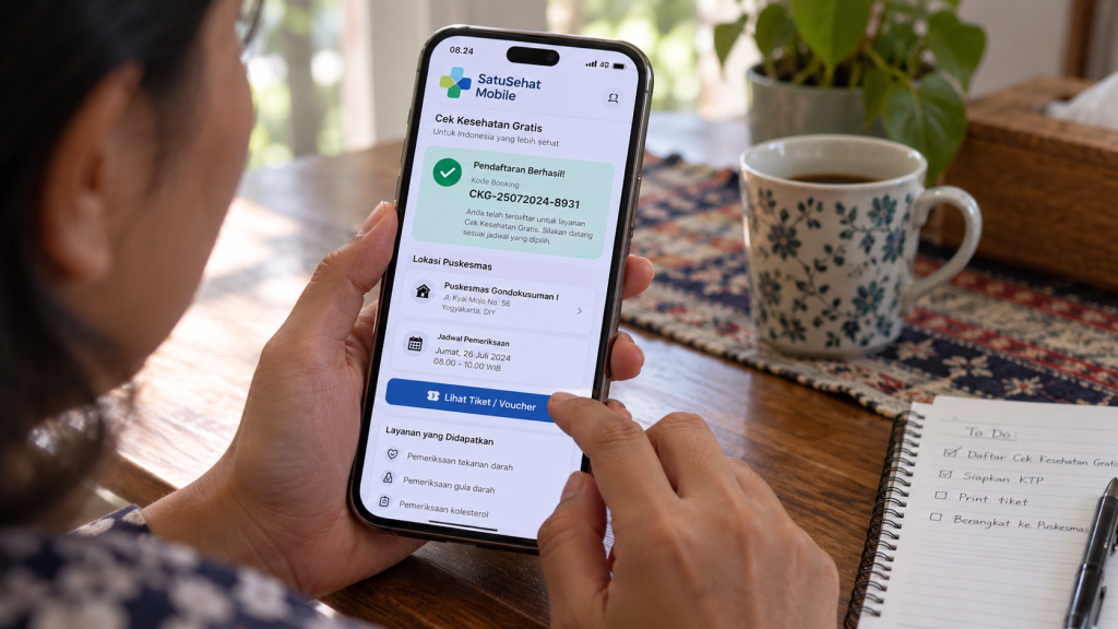 Pengguna mengakses menu Cek Kesehatan Gratis pada aplikasi SatuSehat Mobile di smartphone untuk klaim tiket skrining.