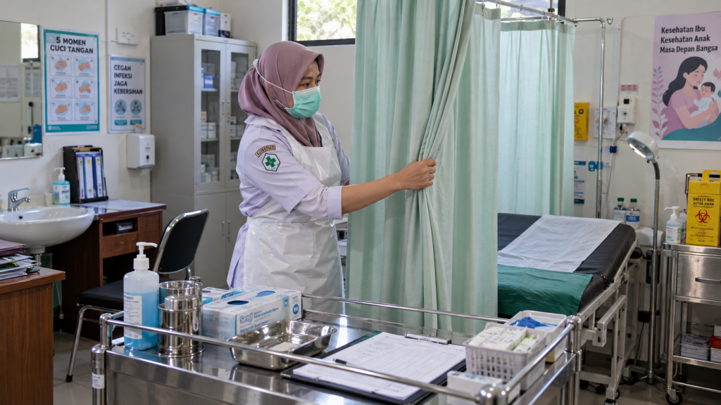 Bidan puskesmas menyiapkan tirai privasi dan meja pemeriksaan klinis payudara (SADANIS) di ruang poli KB.