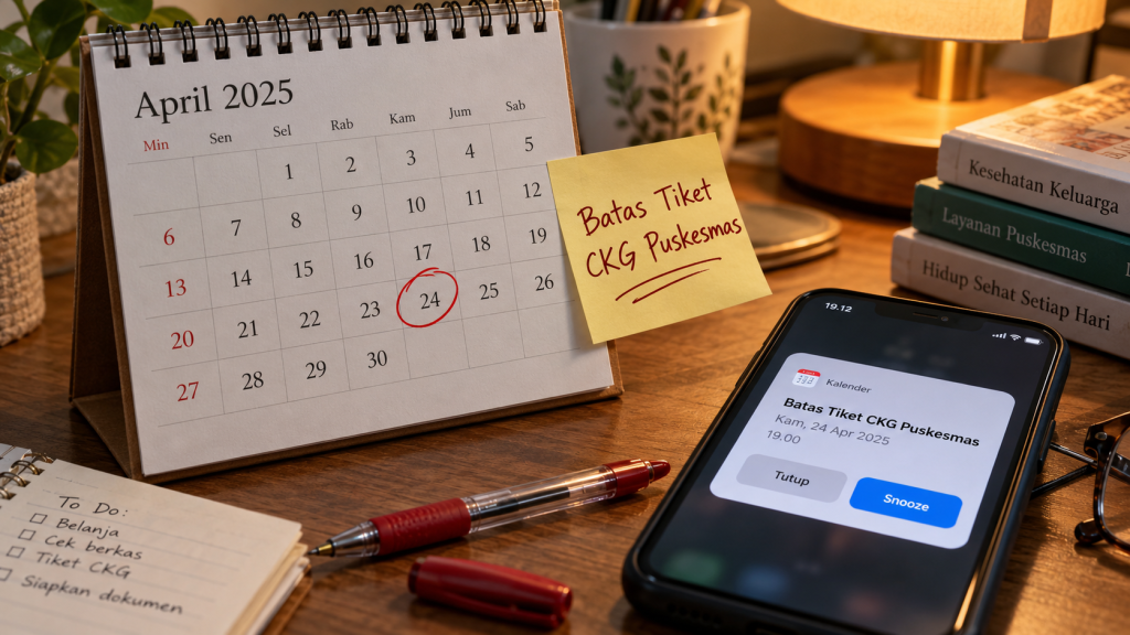 Catatan pengingat batas masa berlaku tiket CKG H+30 hari ulang tahun tertulis pada kalender meja.